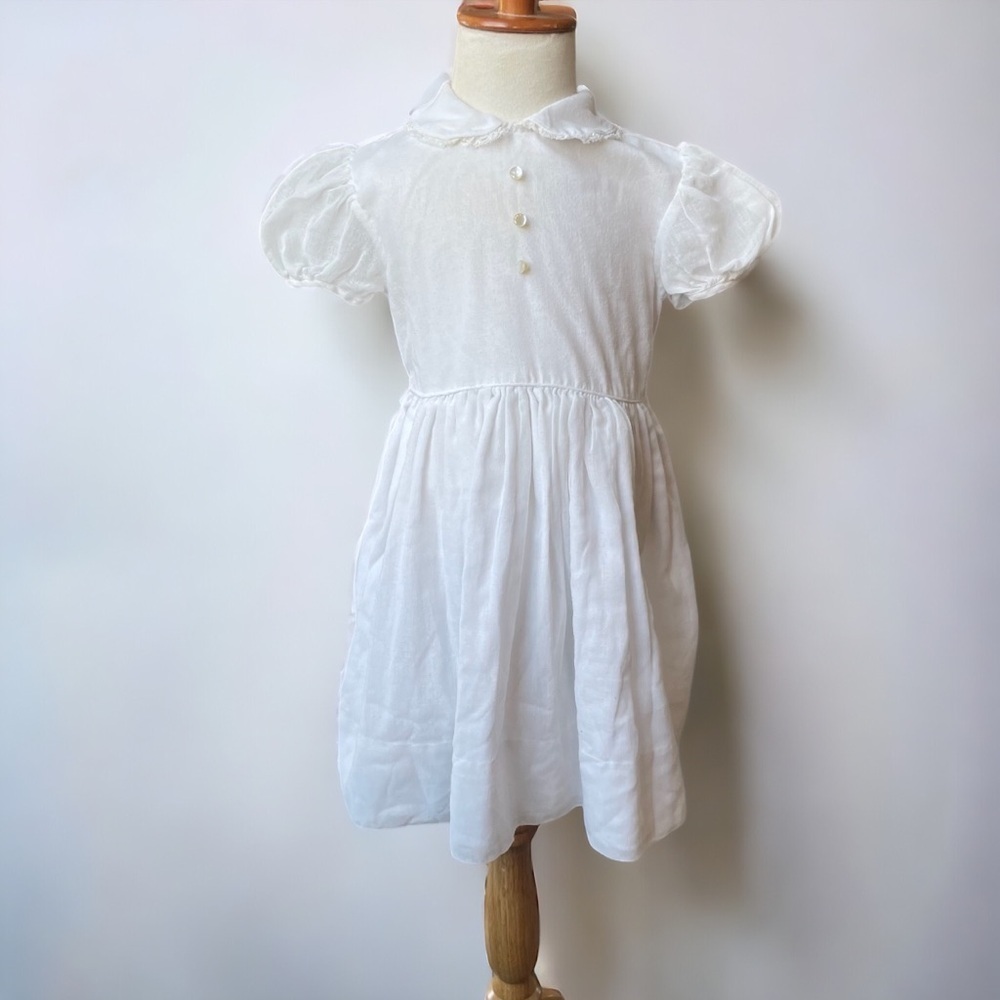 Vintage Handmade White Organic Cotton Organza Dress - Size 4/5 years